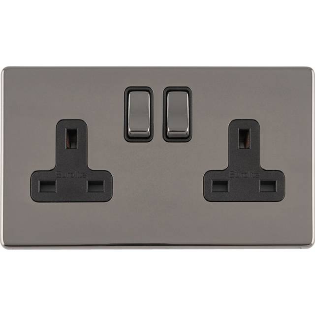 Loops 2 Gang Double Dp 13A Switched Uk Plug Socket Screwless Black Nickel Wall Power - One Size