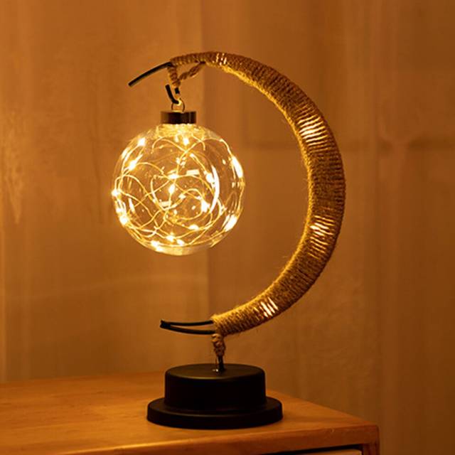 Romantic LED Light Table Lamp Takraw Line Rattan Handmade Hemp Rope Wrought Iron Night Light Home Bedroom Decoration Moon Lamp