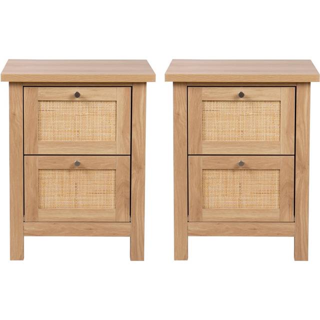 Hallowood Furniture - Newquay Oak Effect Bedside Table with 2 Drawers and Rattan Front Set of 2, Narrow Bedside Table, Lamp Table, Bedroom Storage