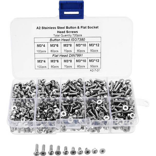 M3SH8 M3 Stainless Steel Hex Socket Button & Flat Head Screw Bolt Assortment Kit 720Pcs