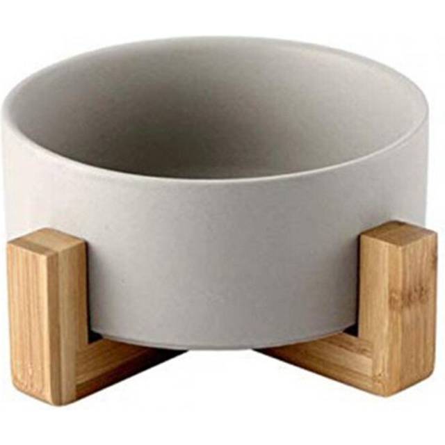 Large Capacity Pet Ceramic Feeding Bowl with Wood Frame for Cat Dog Food Gray
