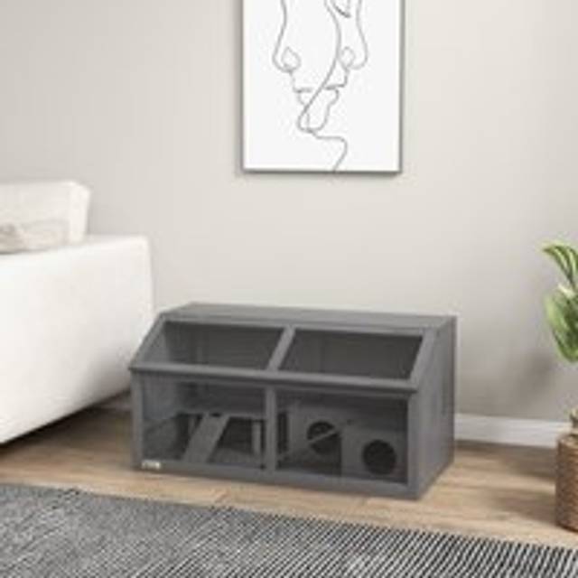 PawHut Wooden Small Pet Cage w/ Suspension Bridge, Ladders, Grey