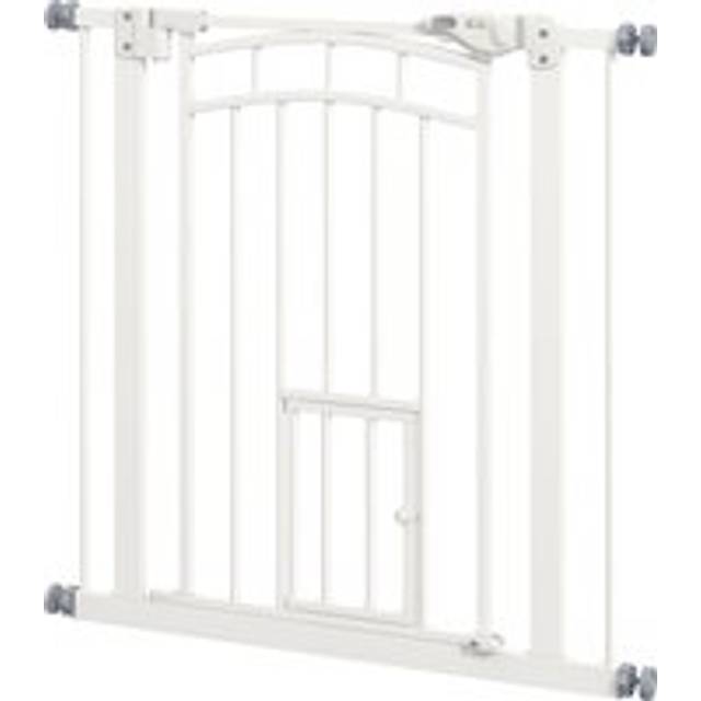 Pawhut Pressure Fit Stair Gate, Dog Gate W/ Small Cat Door, Auto Closing System, Double Locking Openings, 74-80cm - White