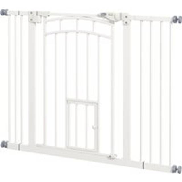 Pawhut Pressure Fit Stair Dog Gate W/ Small Cat Door, Automatic Closing Door, Double Locking, For 74-100cm Openings - White