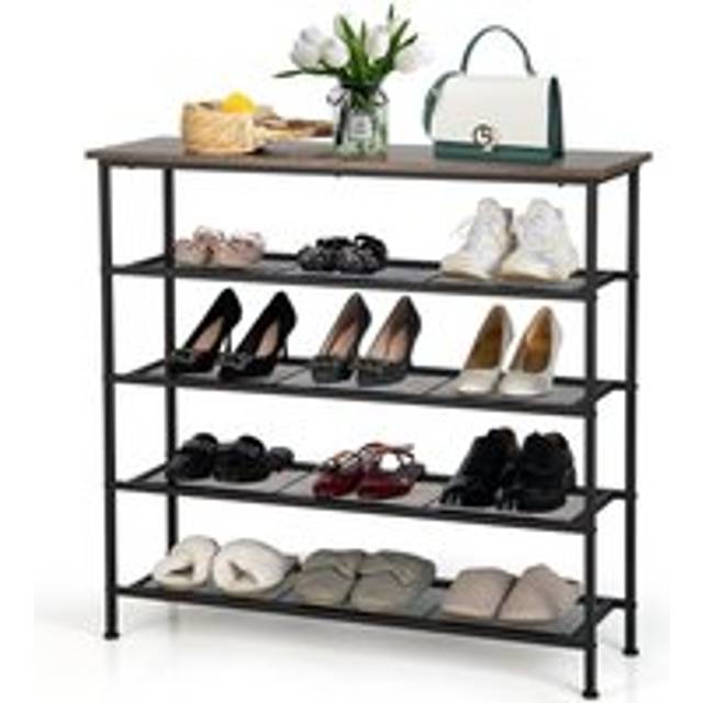5-Tier Shoe Rack Industrial Shoe Organizer w/ Wooden Top Flat Mesh Shelves - Light Brown - One Size