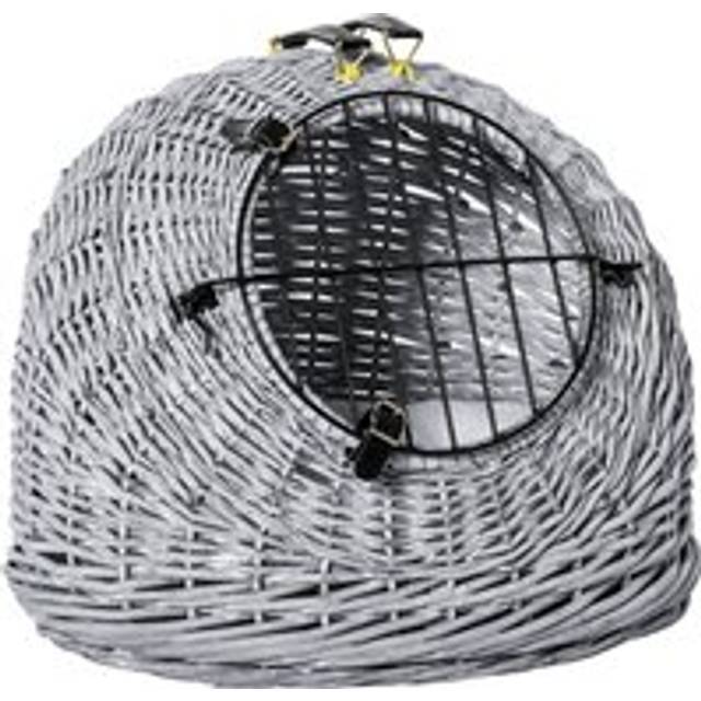 PawHut Wicker Cat Carrier, Portable Pet Basket with Cushion and Handle, Travel Cage for Cats and Kittens, Grey, 50 x 40 x 40 cm Aosom UK