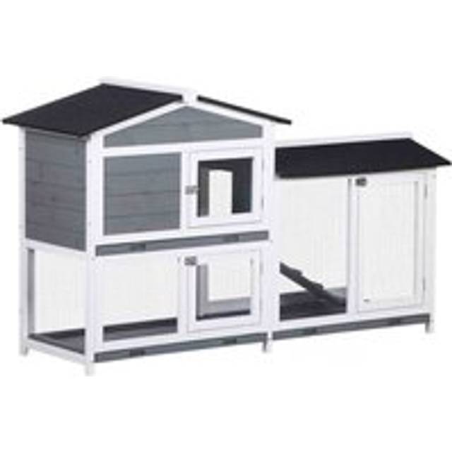 PawHut 2-Tier Wooden Rabbit Hutch Guinea Pig House Pet Cage Outdoor w/ Tray Ramp | TJ Hughes Grey