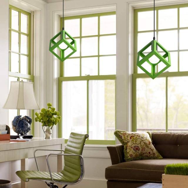 (Green) Modern Colorful Pendant Light Cube Shape Hanging Light Vintage Retro Ceiling Lamp