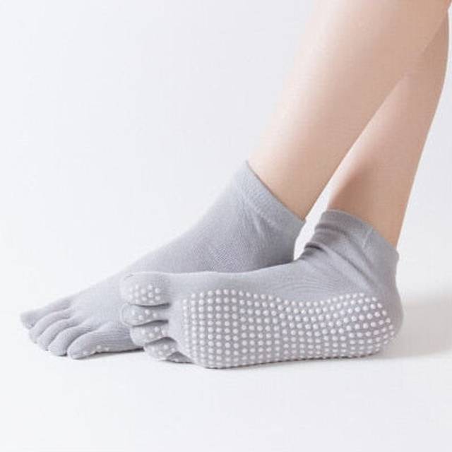 (Grey) Women Anti Slip Elastic Yoga Socks 5 Fingers Toe Ballet Girls Pilates Fitness Gym Sport Colourful
