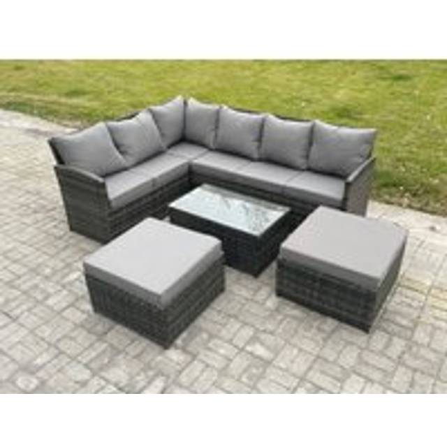 Fimous 8 Seater Rattan Lounge Corner Sofa Set Wicker PE Outdoor Garden Furniture Set with Coffee Table 2 Big Fotstools Dark Grey Mixed
