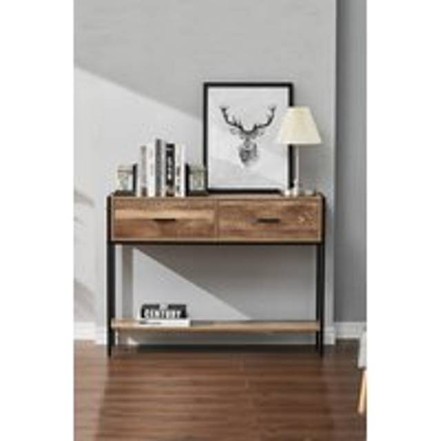 Rustic Brown Metal Frame Console Table with 2 Drawer and Shelf - One Size
