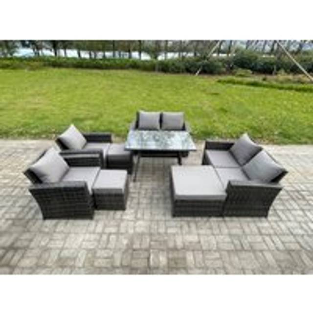 Garden Furniture Sets 8 Pieces Wicker Rattan Furniture Manual Wicker Patio Sofa Patio Conversation Set with 3 Footstools - Dark Grey - One Size