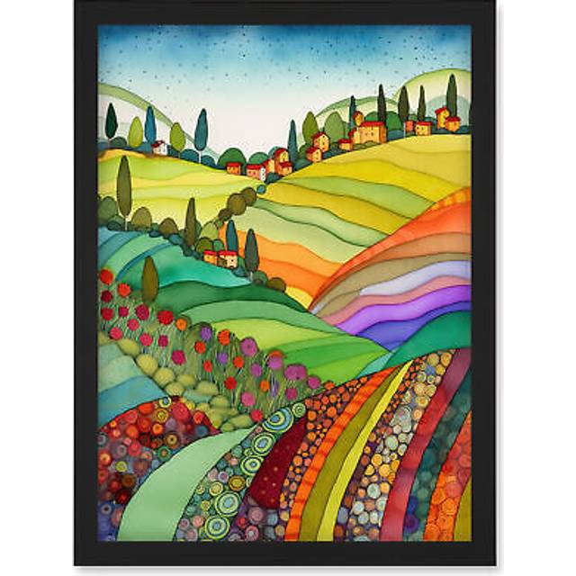 Abstract Tuscany Hills Landscape Folk Art Artwork Framed Wall Art Print A4 - Black - One Size