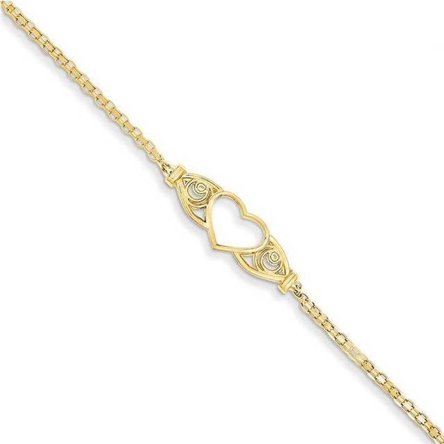 Quality Gold ANK118-10 8 mm x 10 in. 14K Yellow Gold Polished Antiqued Heart Anklet