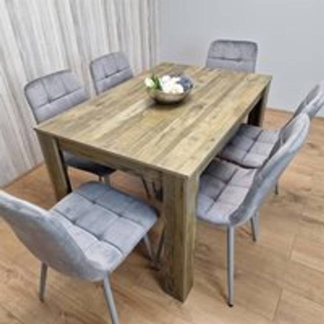 Kosy Koala - Dining Table and 6 Chairs Rustic Effect Wood Table 6 Grey Velvet Chairs Dining Room