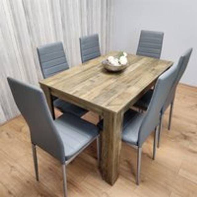Kosy Koala - Dining Table and 6 Chairs Rustic Effect Wood Table 6 Grey Leather Chairs Dining Room