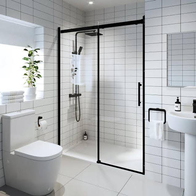 Diamond Frameless Sliding Shower Door 1200mm with 1200 x 900mm Tray - 8mm Black