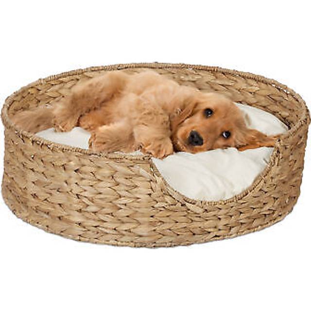 Relaxdays - Pet Bed for Dogs and Cats, Round, hwd: 15 x 49 x 49 cm, Woven Basket with Removable Cushion, Natural/Cream