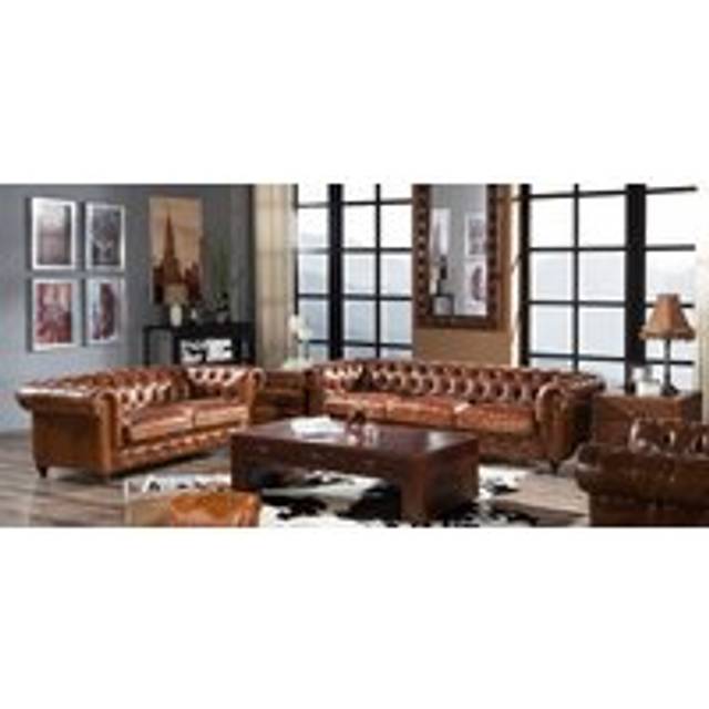 Vintage Luxury Chesterfield Sofa Suite Distressed Real Leather - Brown - Suite Offers