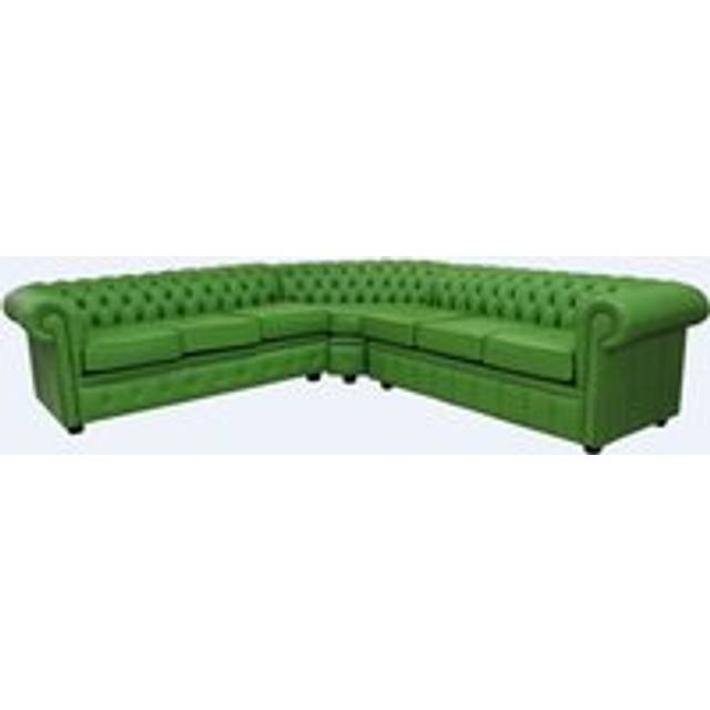 Chesterfield 7 Seater Cushioned Corner Sofa Unit Apple Green Leather In Classic Style - 5 Seater+