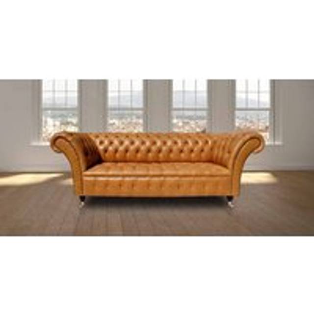Chesterfield 3 Seater Old English Buckskin Leather Buttoned Seat Sofa In Balmoral Style - Gold