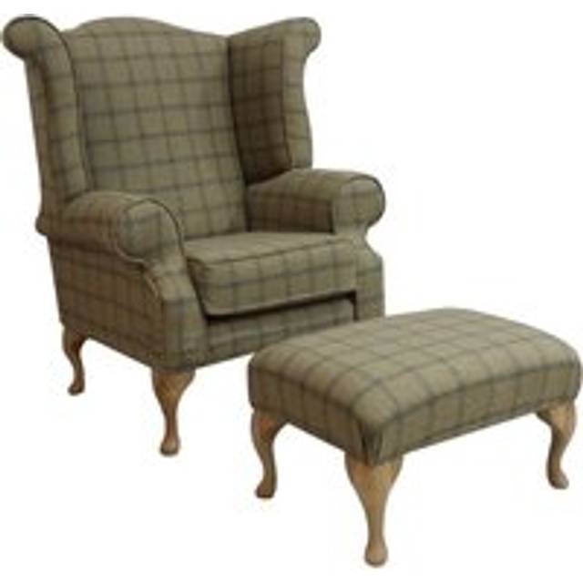Chesterfield Fireside High Back Armchair + Footstool Wool Tweed Althrop Topaz In Queen Anne Style - Chairs Offer
