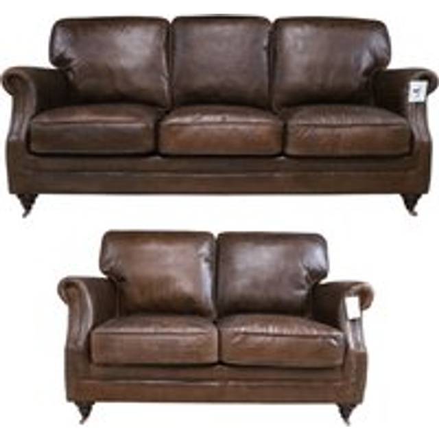 Vintage Luxury 3+2 Seater Settee Sofa Suite Distressed Brown Real Leather - Suite Offers