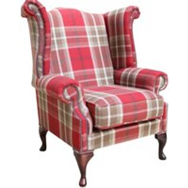 Chesterfield Saxon High Back Armchair Balmoral Red Check Fabric In Queen Anne Style - 1 Seater/Chair