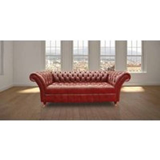 Chesterfield 3 Seater Old English Chestnut Leather Buttoned Seat Sofa In Balmoral Style - Red