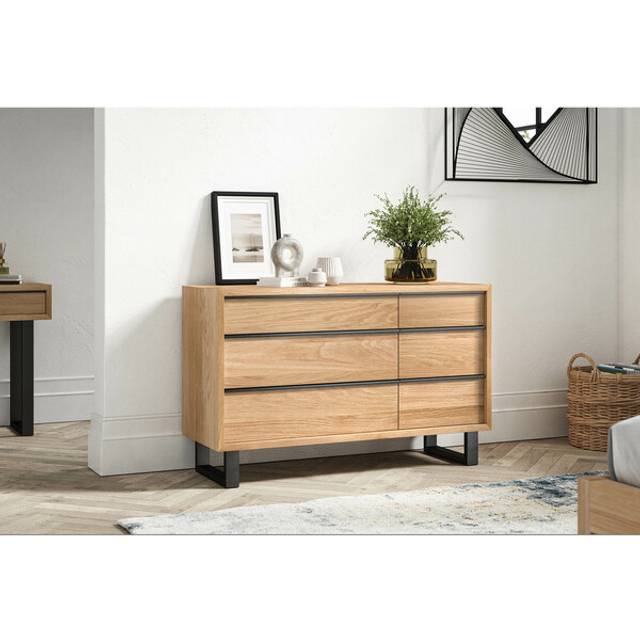 Natural Solid Oak & Metal Chest of Drawers - 6 Drawer Chest - Maine Range - Oak Furnitureland