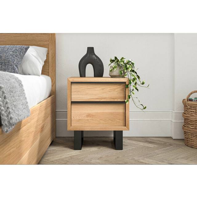Natural Solid Oak & Metal Bedside Tables and Cabinets - 2 Drawer Bedside Table - Maine Range - Oak Furnitureland