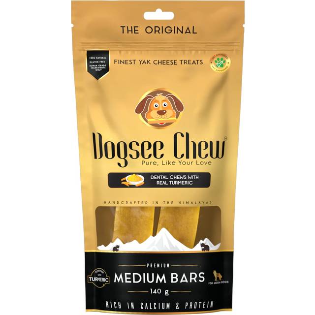Dogsee Himalayan Yak Chews for Dogs - Medium Turmeric Calming Dog Treats - Yak Milk Dog Chew - Long Lasting Cheese Bones for Dogs - Medium (2 Pack)
