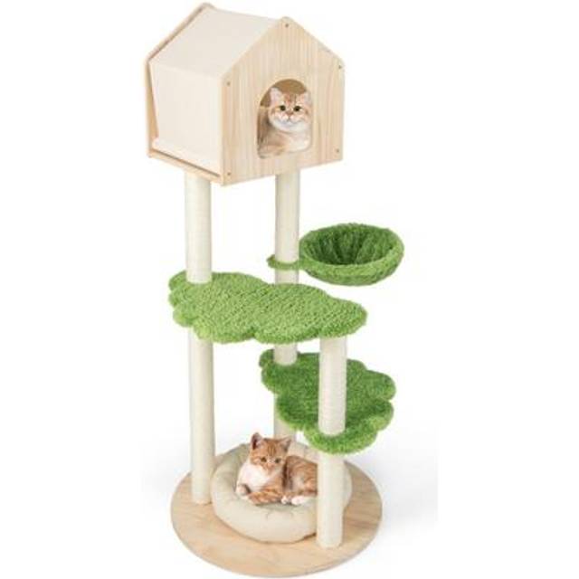 COSTWAY Wooden Cat Tree with Sisal Scratching Posts-Green, Green
