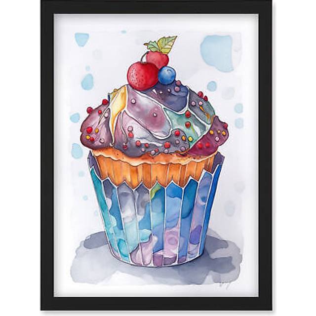 Cupcake Icing With Fruit Folk Art Watercolour Painting Artwork Framed Wall Art Print A4 - Black - One Size