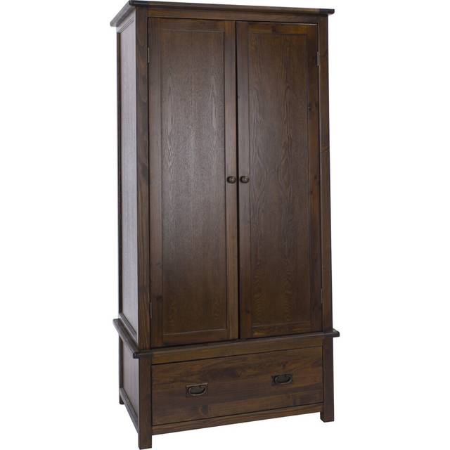 Pine Wardrobe 2 Door 1 Drawer Hanging Rail Shelf Solid Dark Wood Bedroom Storage