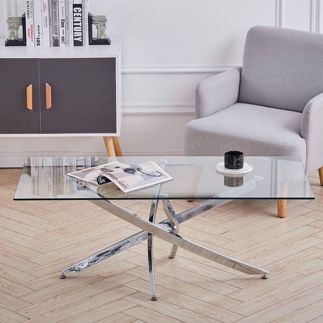 Rectangle Clear Glass Coffee Table with Cross Chrome Leg Living Room Furniture