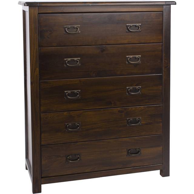 Dark Wood Chest of 5 Drawers Solid Pine Dresser Metal Handles Lacquered Finish