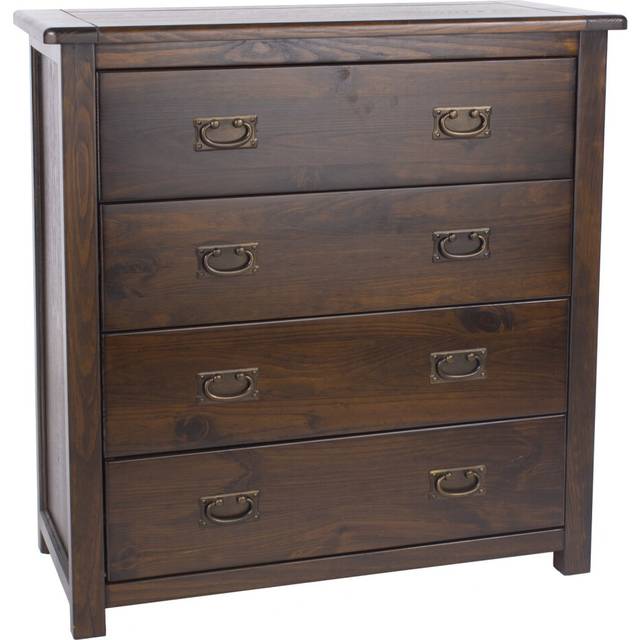 Chest of 4 Drawers Solid Pine Dark Wood Dresser Metal Handles Lacquered Finish