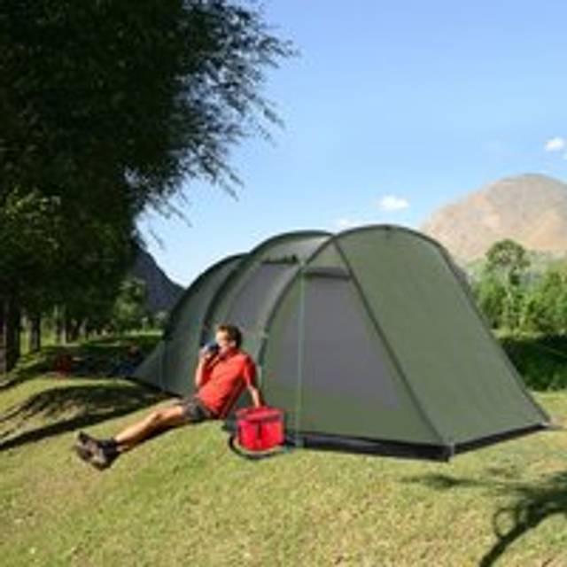 Outsunny 3-4 Persons Tunnel Tent - Two Room Camping Tent w/ Windows - Green | TJ Hughes