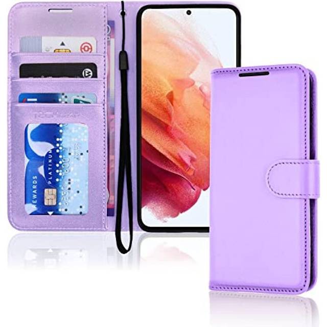 (Lavender) Samsung Galaxy S21 FE 5G Leather Wallet Case, Flip Protective Cover with Wallet Card Holder, Stand and Wrist Strap - PU Leather with Magnet