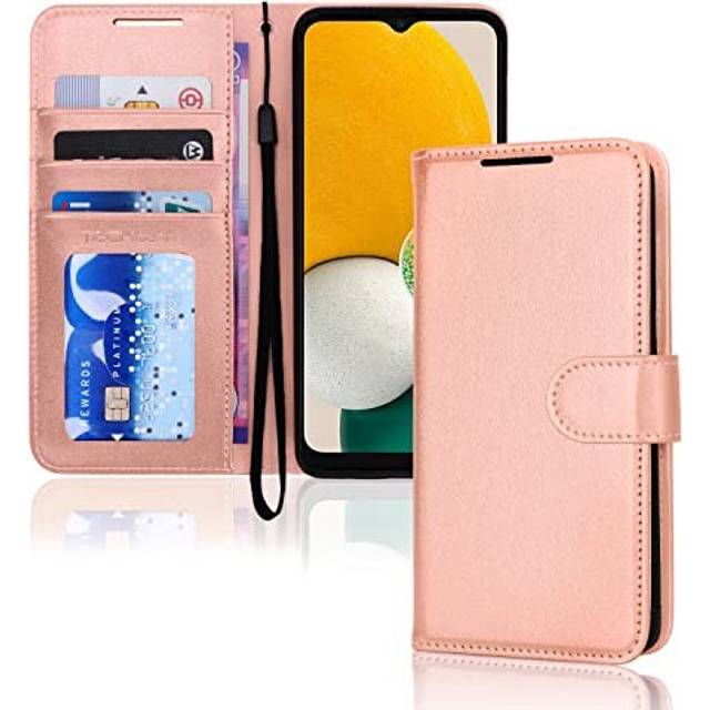 (Rose Gold) Samsung Galaxy A04s / A13 5G PU Leather Wallet Case, Flip Protective Case Cover with Wallet Card Holder, Stand and Wrist Strap with Magnet