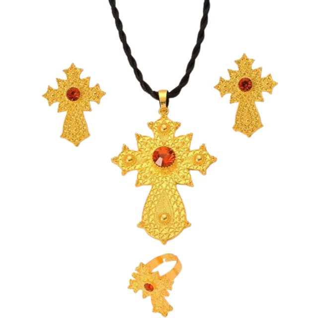Ethiopian Dubai Cross Jewelry Sets Necklace Pendant Earrings Ring Wedding Bride Habesha Sets African Party Gift - Multicoloured
