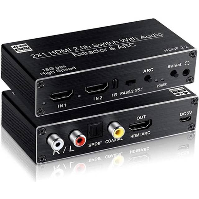 NÖRDIC HDMI switch 2 till 1 med Audio Extractor och ARC 4K 60hz SPDIF Coaxial RCA L/R och stereo