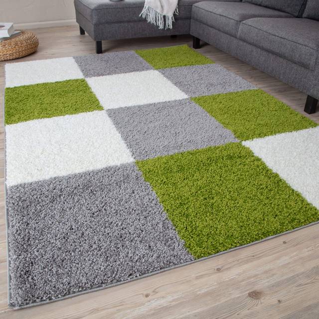 THE RUGS Fluffy and Soft Shaggy Rugs Living Room Rug in Green - Elegant Geometric Design Carpets For Bedrooms And Kitchen - 381 - 140cm x 200cm
