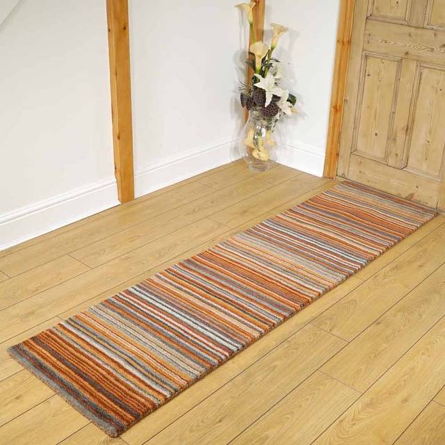 (RUST, 120 x 170 cm) Modern Multi Coloured 100% Wool Rugs Stripe Line Design  Small Extra Large Hall Runner Rug Eco Friendly Handmade Mat