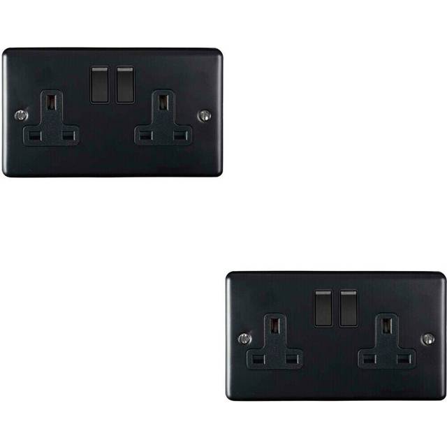 2 PACK 2 Gang Double UK Plug Socket MATT BLACK 13A Switched Power Outlet