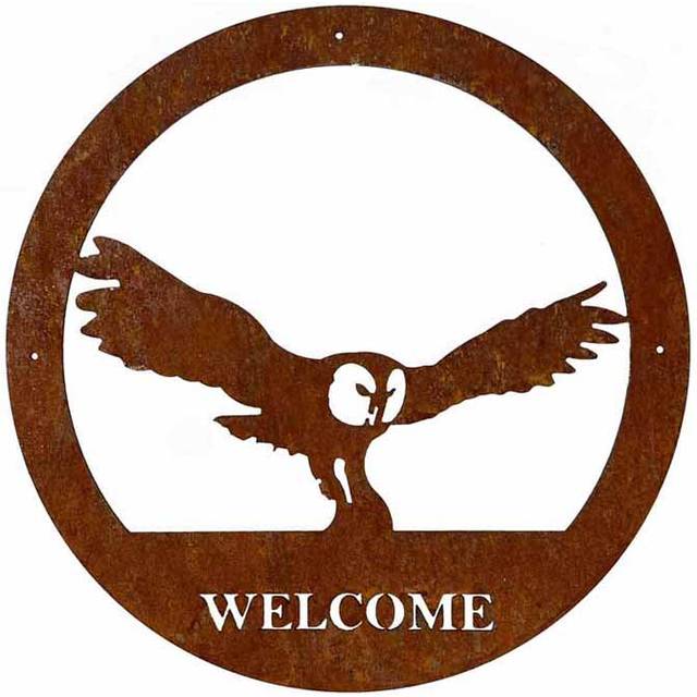 Owl Welcome Wall Art - Large - Steel - W49.5 x H49.5 cm - Bare Metal/Ready to Rust