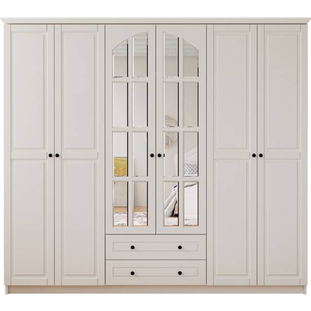 MAISON XL 6 Door 2 Drawer Mirrored White Wardrobe - White