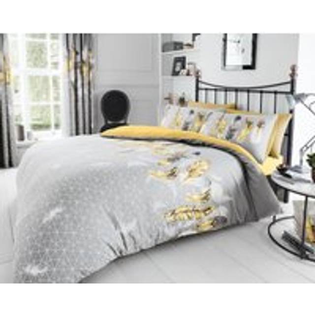 Smart Living Printed Polycotton Feathers Duvet Cover With Pillowcases in Yellow | Size: King