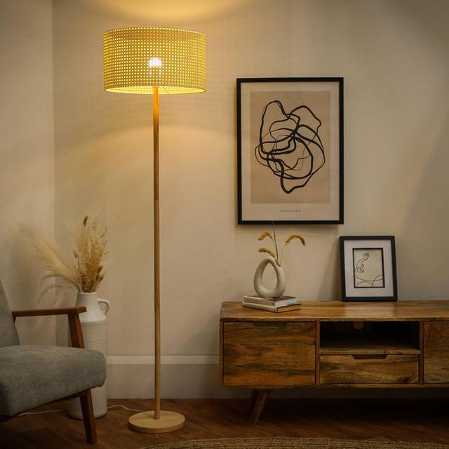 Heather Light Wood Wooden Stem Floor Lamp + Reni XL Wicker Pendant Drum Shade